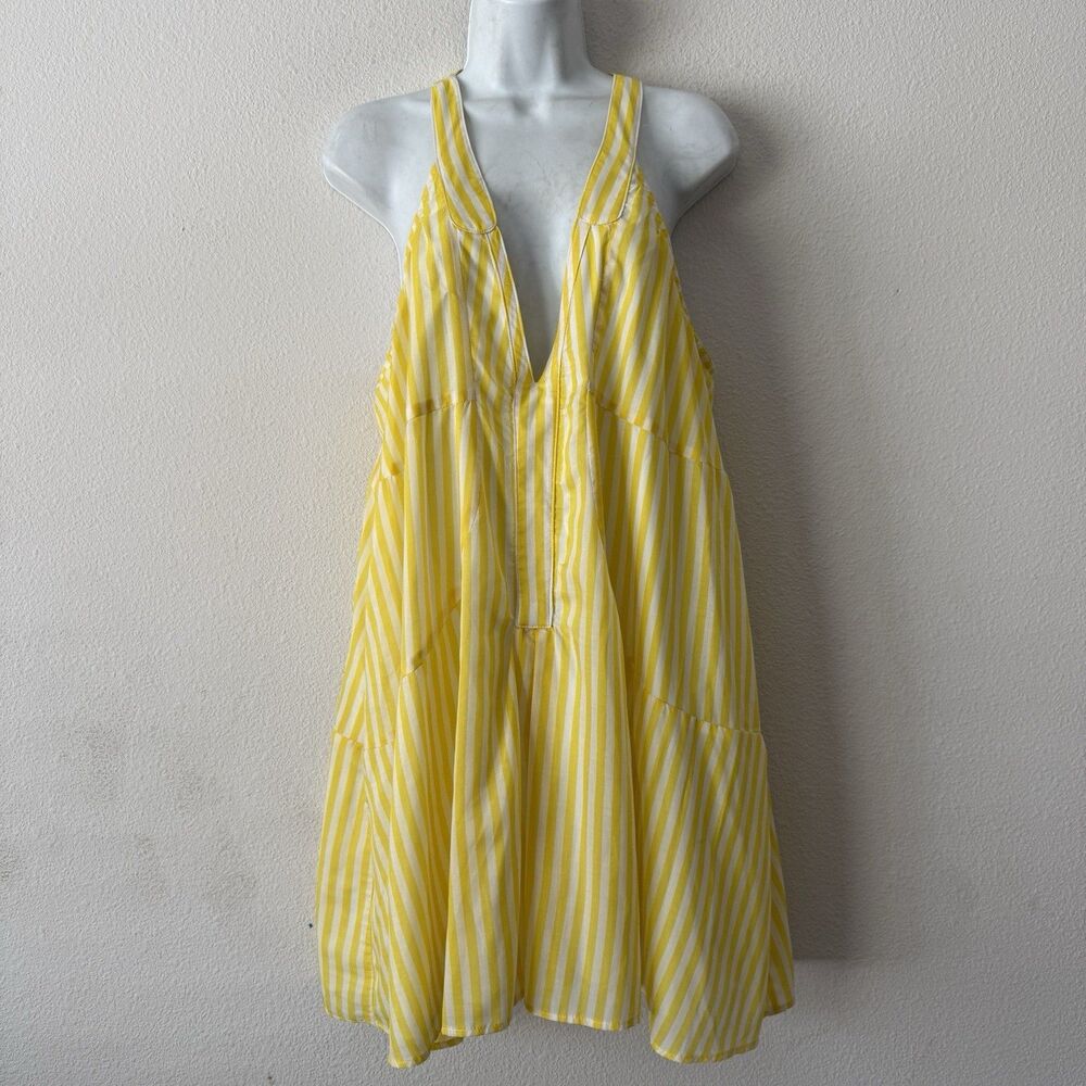 $295 KOCH Racer Back Striped Dress Size M Yellow Halter Plunging V-neck Coastal